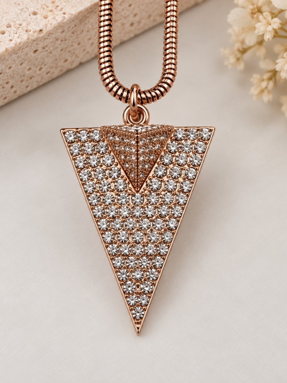 Rose Gold Plated Triangle Pendant Necklace 32" Crystal Pavé Wrap Chain